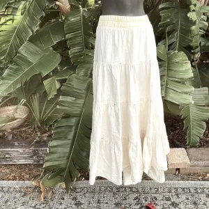 Karis creations, cowgirl denim tiered, ruffle maxi skirt with studs