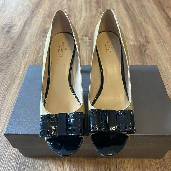Kate Spade tan black heels pumps open toe shoes women’s 8.5