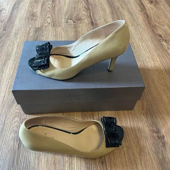 Kate Spade tan black heels pumps open toe shoes women’s 8.5