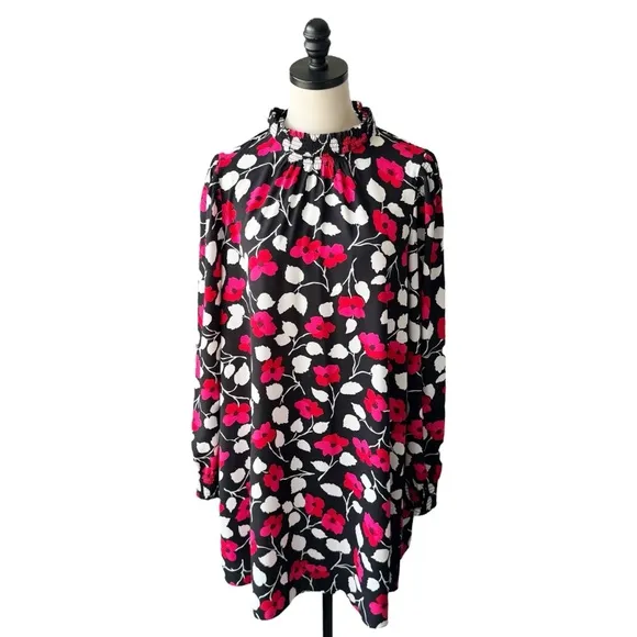 Kate Spade Vintage Fleur Crepe Long Sleeve Floral Shift Dress | SMALL