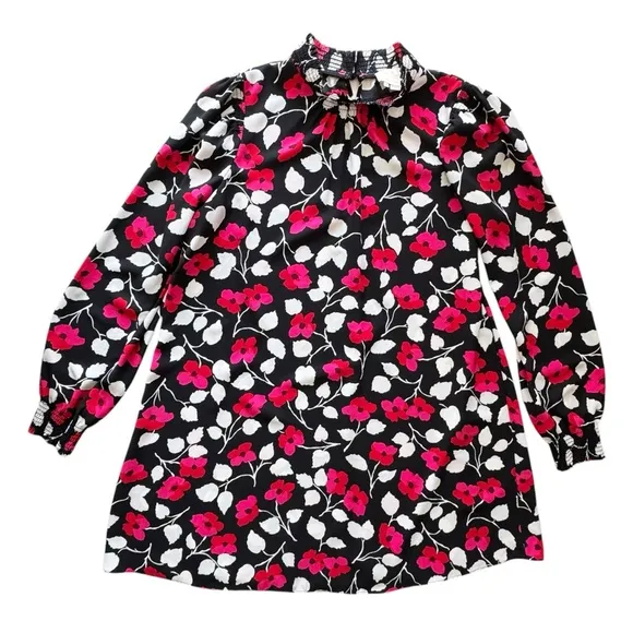 Kate Spade Vintage Fleur Crepe Long Sleeve Floral Shift Dress | SMALL