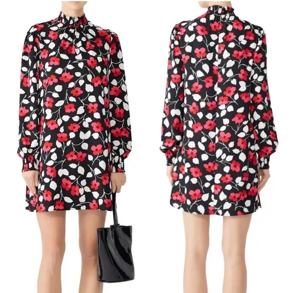 Kate Spade Vintage Fleur Crepe Long Sleeve Floral Shift Dress | SMALL