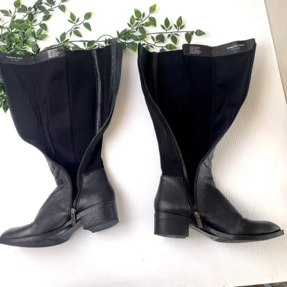 KENNET COLE LEVON LEATHER &amp; RIB KNIT KNEE HIGH BOOTS 6.5