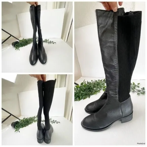 KENNET COLE LEVON LEATHER &amp; RIB KNIT KNEE HIGH BOOTS 6.5