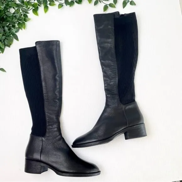 KENNET COLE LEVON LEATHER &amp; RIB KNIT KNEE HIGH BOOTS 6.5