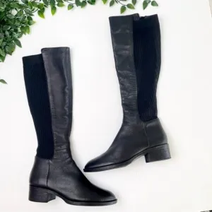KENNET COLE LEVON LEATHER &amp; RIB KNIT KNEE HIGH BOOTS 6.5