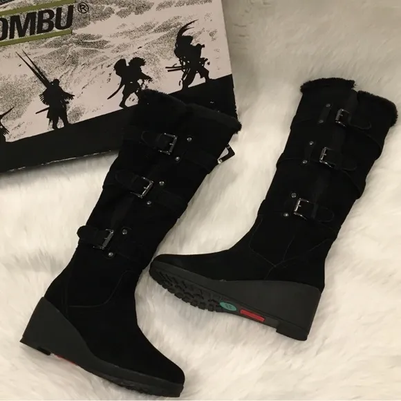 KOHMBU | Greenwich Style Black Leather Suede Tall Wedge Boots