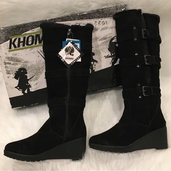 KOHMBU | Greenwich Style Black Leather Suede Tall Wedge Boots