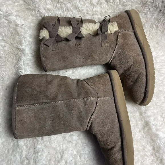 Kookaburra by UGG Victoria leather suede taupe tall boots bow&amp;fur accents SZ8