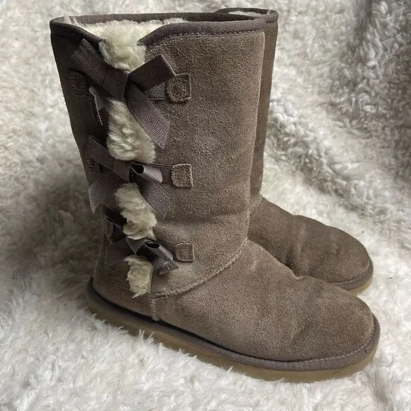 Kookaburra by UGG Victoria leather suede taupe tall boots bow&amp;fur accents SZ8