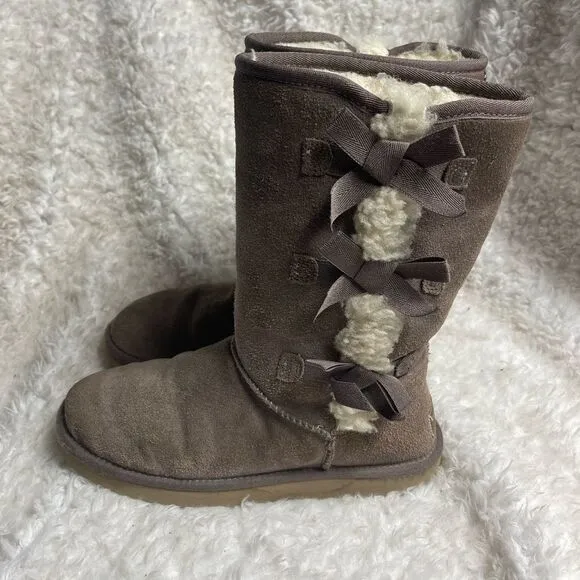 Kookaburra by UGG Victoria leather suede taupe tall boots bow&amp;fur accents SZ8
