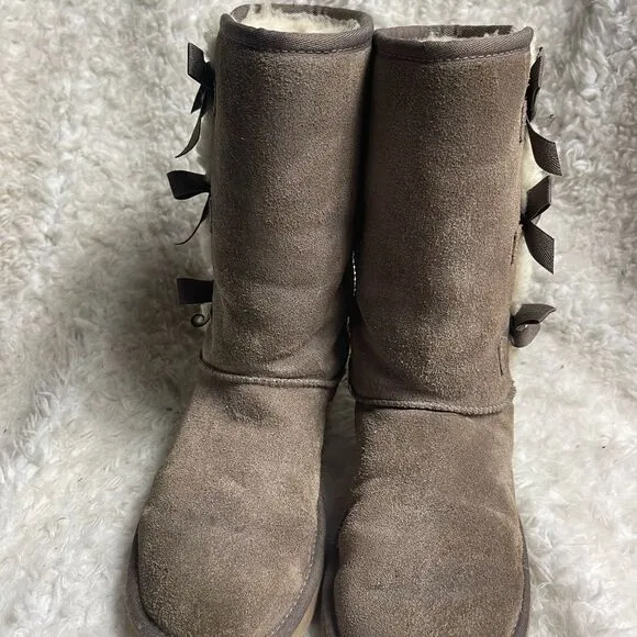 Kookaburra by UGG Victoria leather suede taupe tall boots bow&amp;fur accents SZ8