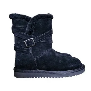 Koolaburra UGG Boot Black Delene Short Suede Faux Fur Line Buckle sz 7