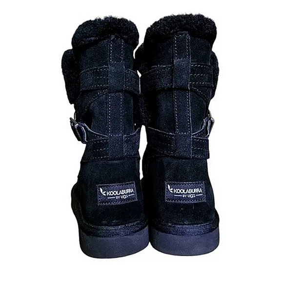 Koolaburra UGG Boot Black Delene Short Suede Faux Fur Line Buckle sz 7