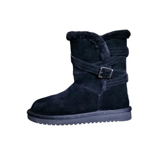 Koolaburra UGG Boot Black Delene Short Suede Faux Fur Line Buckle sz 7