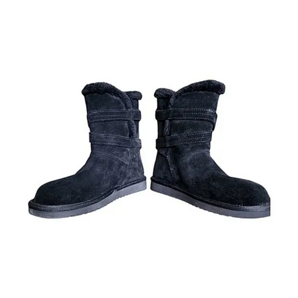 Koolaburra UGG Boot Black Delene Short Suede Faux Fur Line Buckle sz 7