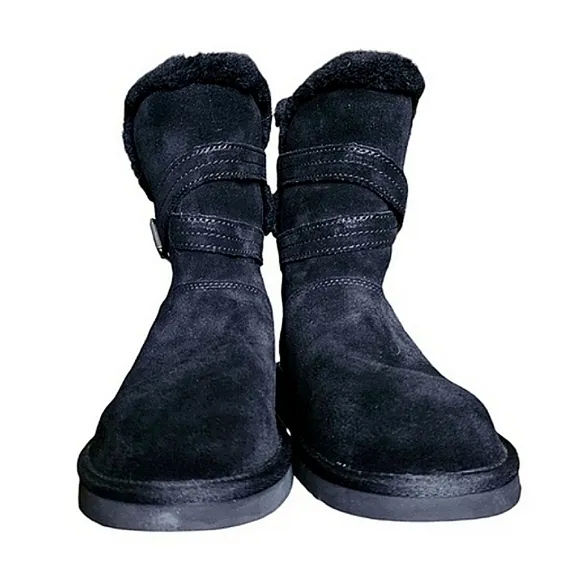 Koolaburra UGG Boot Black Delene Short Suede Faux Fur Line Buckle sz 7