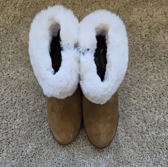 Koolaburra Ugg brown suede wedge ankle boots faux fur womens 9