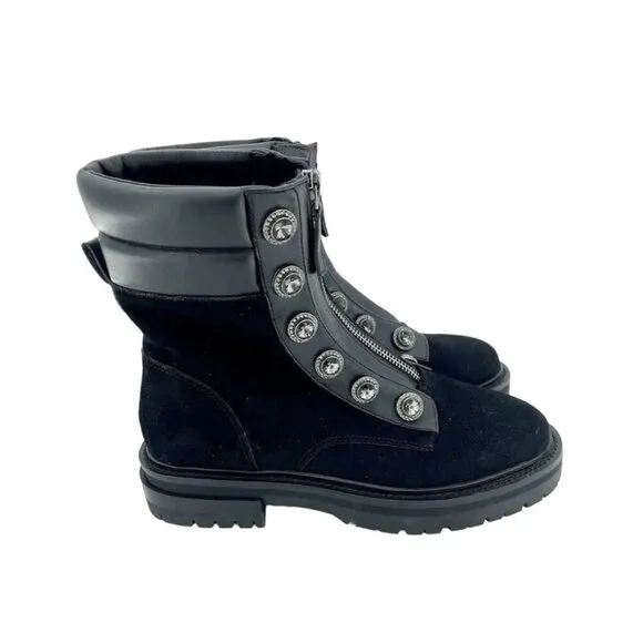 Kurt Geiger London Bobby Black Combat Suede Boots Rhinestone SZ 38 New