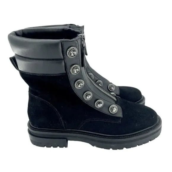 Kurt Geiger London Bobby Black Combat Suede Boots Rhinestone SZ 38 New