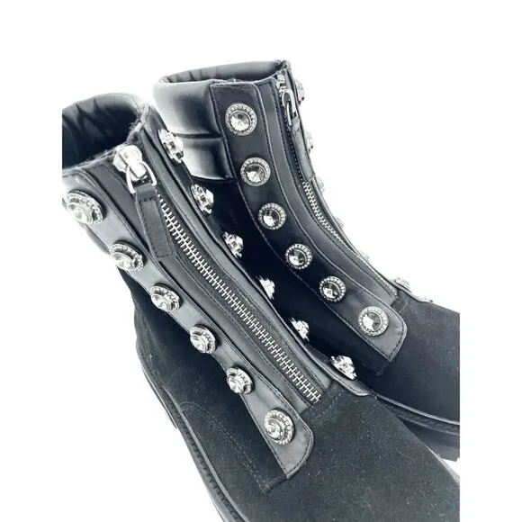 Kurt Geiger London Bobby Black Combat Suede Boots Rhinestone SZ 38 New