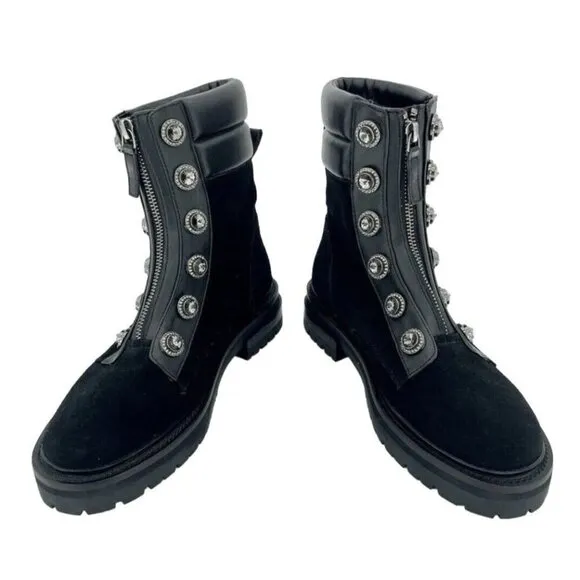 Kurt Geiger London Bobby Black Combat Suede Boots Rhinestone SZ 38 New