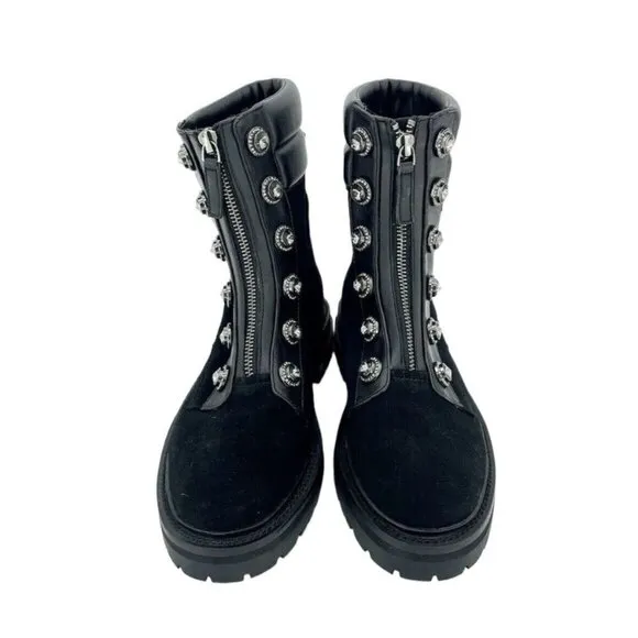 Kurt Geiger London Bobby Black Combat Suede Boots Rhinestone SZ 38 New