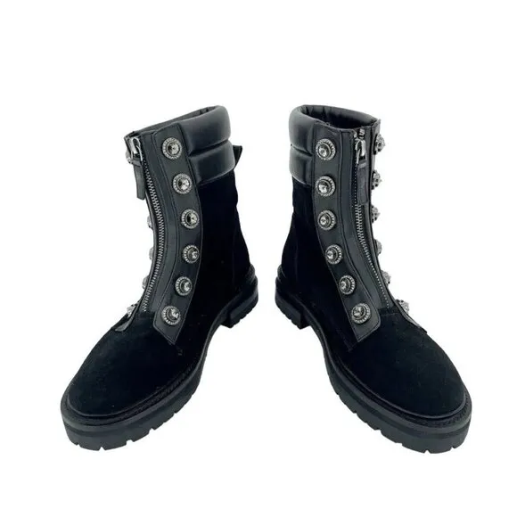 Kurt Geiger London Bobby Black Combat Suede Boots Rhinestone SZ 38 New