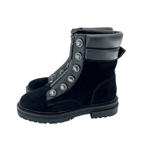 Kurt Geiger London Bobby Black Combat Suede Boots Rhinestone SZ 38 New