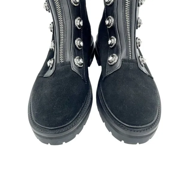 Kurt Geiger London Bobby Black Combat Suede Boots Rhinestone SZ 38 New