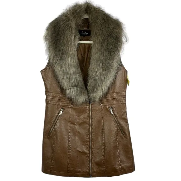 LA Coalition faux leather/fur vest jacket nutmeg color Sz L
