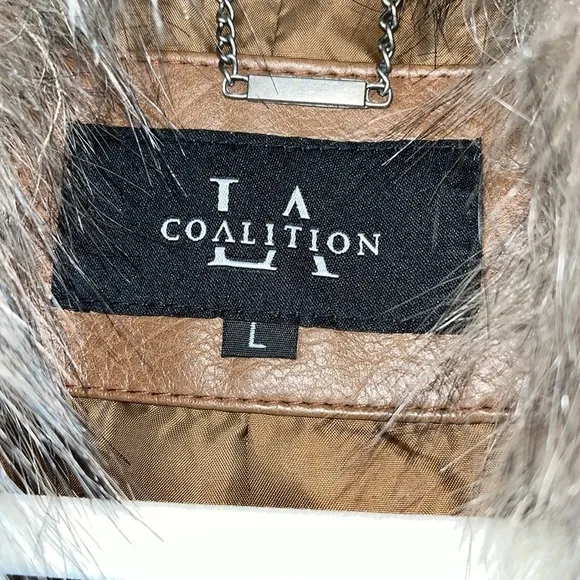 LA Coalition faux leather/fur vest jacket nutmeg color Sz L