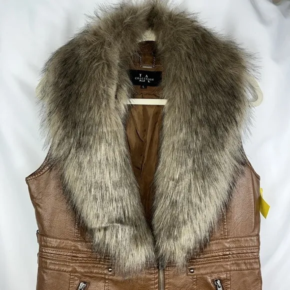 LA Coalition faux leather/fur vest jacket nutmeg color Sz L