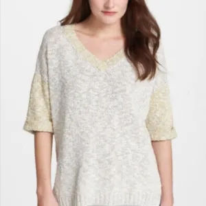 Lafayette 148 New York Fresco Vneck Short Sleeve Sweater in Khaki/Yellow