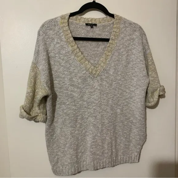 Lafayette 148 New York Fresco Vneck Short Sleeve Sweater in Khaki/Yellow