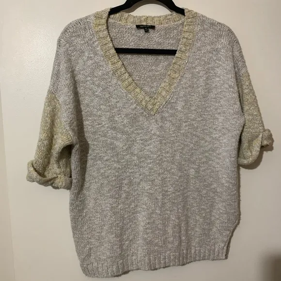 Lafayette 148 New York Fresco Vneck Short Sleeve Sweater in Khaki/Yellow