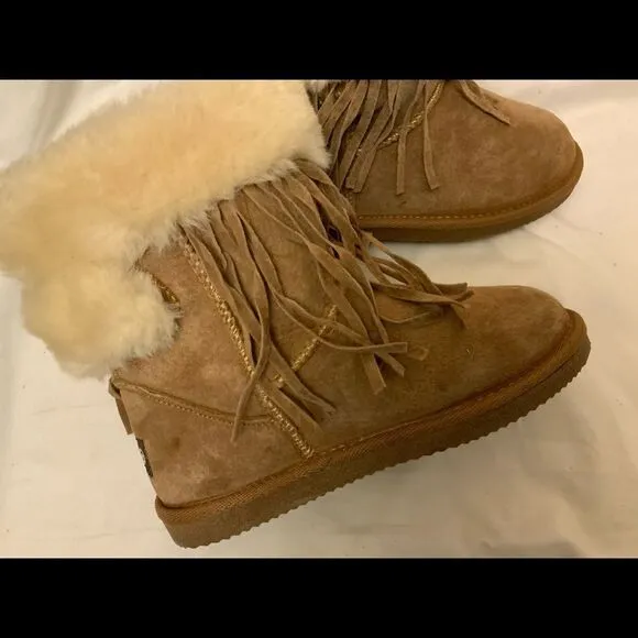 LAM Girls Brown Boots Frill Tassels Faux Fur Size 2 Y Suede Leather Booties