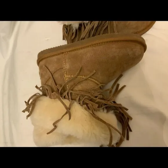 LAM Girls Brown Boots Frill Tassels Faux Fur Size 2 Y Suede Leather Booties