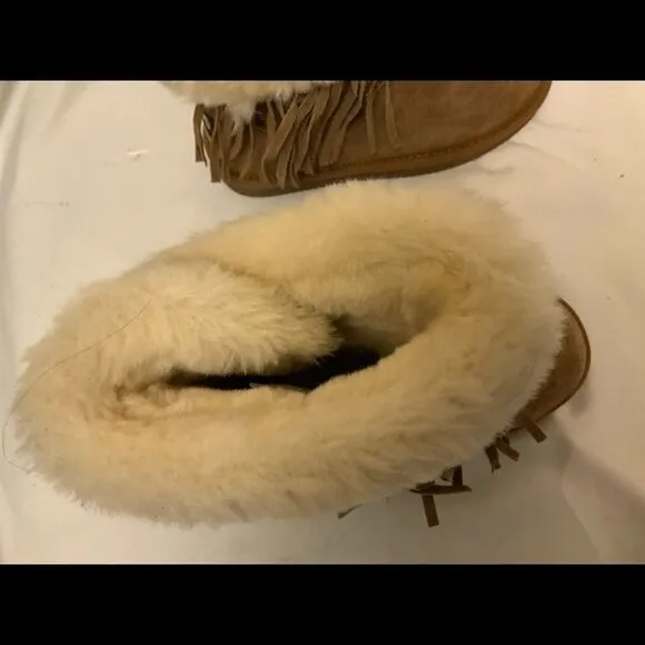 LAM Girls Brown Boots Frill Tassels Faux Fur Size 2 Y Suede Leather Booties