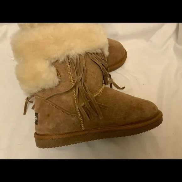 LAM Girls Brown Boots Frill Tassels Faux Fur Size 2 Y Suede Leather Booties