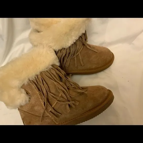 LAM Girls Brown Boots Frill Tassels Faux Fur Size 2 Y Suede Leather Booties