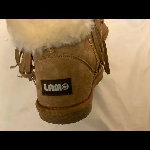 LAM Girls Brown Boots Frill Tassels Faux Fur Size 2 Y Suede Leather Booties
