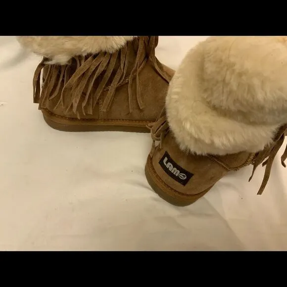 LAM Girls Brown Boots Frill Tassels Faux Fur Size 2 Y Suede Leather Booties