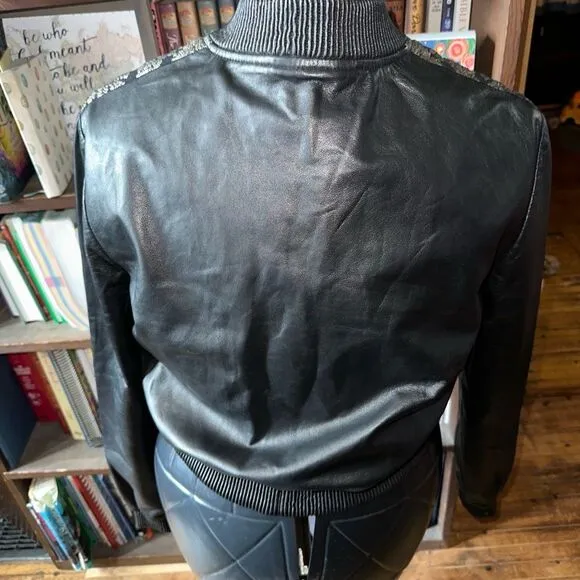 Lamarque black damask metallic jacquard leather festival L bomber jacket