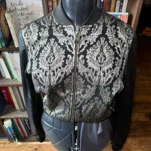 Lamarque black damask metallic jacquard leather festival L bomber jacket