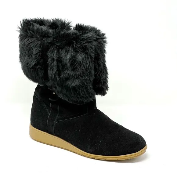 Lands' End Mendota Suede Faux Fur Lined Boots. Black. Size 9