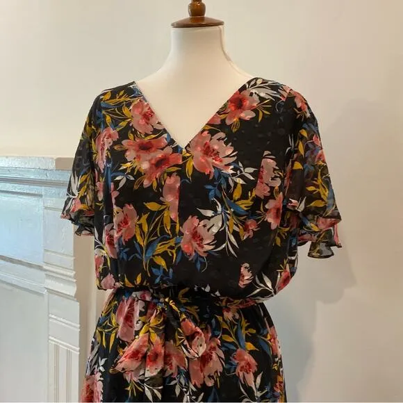 Lane Bryant 18 Boho Midi Dress Black Floral dot flutter short sleeve