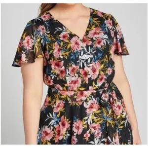Lane Bryant 18 Boho Midi Dress Black Floral dot flutter short sleeve