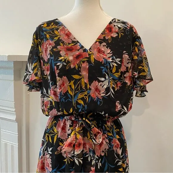 Lane Bryant 18 Boho Midi Dress Black Floral dot flutter short sleeve