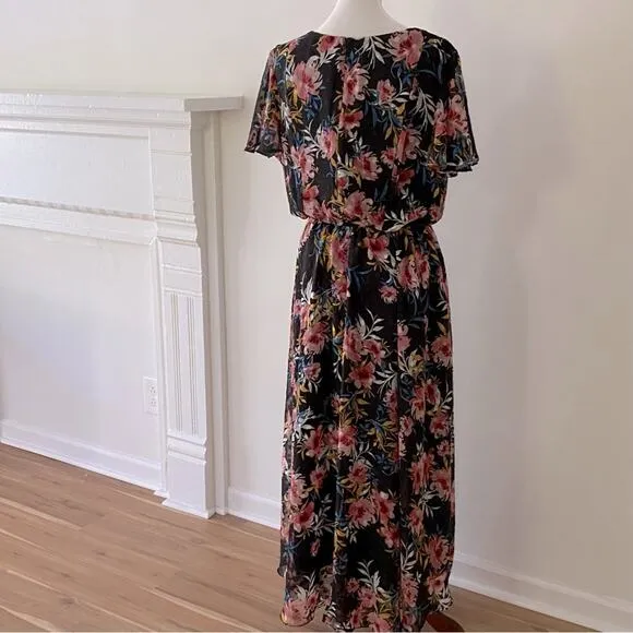 Lane Bryant 18 Boho Midi Dress Black Floral dot flutter short sleeve